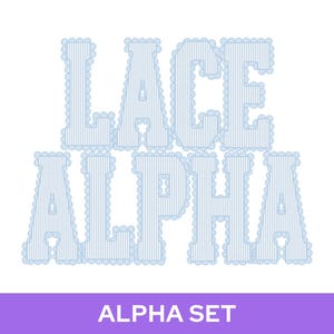 May include: A digital graphic featuring the words LACE ALPHA in a light blue, vertically striped font. Each letter is outlined with a scalloped, lace-like border. The text is arranged in two rows against a plain white background.