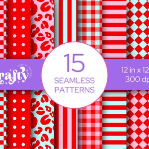 Op de afbeelding: Een collectie van 15 naadloze digitale patronen in rood en lichtblauw. De ontwerpen bevatten ruiten, stippen, luipaardprint, verticale strepen, vichy, horizontale strepen en diamanten. De tekst luidt 15 SEAMLESS PATTERNS 12 in x 12 in 300 dpi.
