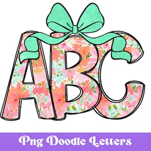 Alfabeto floral con garabatos, conjunto de letras de sublimación, dibujado a mano, alfabeto digital, lazo coqueto, acuarela, verano y primavera