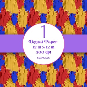 May include: Digital paper with a seamless pattern of textured brushstrokes in red, yellow, and blue. The design includes a purple banner and a white circle with the text "1 Digital Paper 12 in x 12 in 300 dpi SEAMLESS."