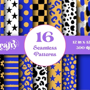 Peut inclure: Une collection de 16 motifs sans couture avec des étoiles, des pois et des imprimés animaliers. Les motifs sont en bleu, or, noir et blanc. Le texte "12 in x 12 in 300 dpi" est inclus. Les dimensions sont de 30,48 cm x 30,48 cm.