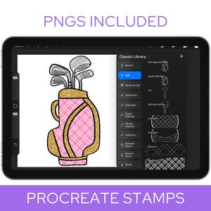 May include: A digital illustration of a golf bag with clubs, in a pink and gold color scheme, displayed on a tablet screen. The words "PNGS INCLUDED" and "PROCREATE STAMPS" are visible.