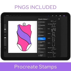 Op de afbeelding: Een digitaal tabletscherm met de Procreate-interface en een illustratie van een roze en paars turnpakje. De zijbalk toont een lijst met penseelstempels, waaronder JCD Jumper, Preppy Bows, Fishing, Hunting 2, Buildings, Dance-Tumbling en diverse contouren.