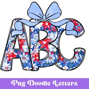Clipart de alfabeto patriótico floral, conjunto de letras de sublimación, dibujado a mano, alfabeto digital, lazo coqueto, 4 de julio