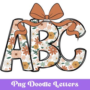Letras de Doodle de Alfabeto de Verão Retro, Clipart, Design PNG, Padrão de Flor, Alfabeto de Sublimação Floral, Laço Coquete