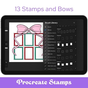 Könnte beinhalten: Ein digitales Kunstdesign auf einem Tablet, mit einer rosa Schleife und Stempeln in Rot und Grün. Der Text lautet "13 Stamps and Bows" und "Procreate Stamps."