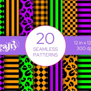 May include: A collection of 20 seamless digital patterns featuring vibrant neon green, bright orange, purple, and black color schemes. Designs include checkered, striped, and leopard print motifs. Text reads Krafty Digital Designs 20 Seamless Patterns 12 in x 12 in 300 dpi.