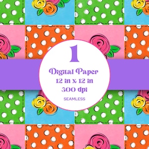 May include: A digital paper design featuring a repeating pattern of colourful squares with polka dots and floral bouquets. The squares are arranged in a grid pattern. The text "Digital Paper 12 in x 12 in 300 dpi Seamless" is displayed in a white circle.