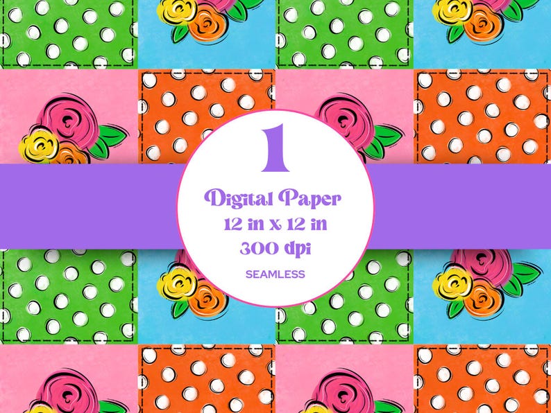 May include: A digital paper design featuring a repeating pattern of colorful squares with polka dots and floral bouquets. The squares are arranged in a grid pattern. The text "Digital Paper 12 in x 12 in 300 dpi Seamless" is displayed in a white circle.
