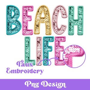 Bordado falso Beach Life Png, Desenhos de sublimação, Clipart de verão, Lantejoulas falsas, Crianças, Design de verão para meninas, Colorido