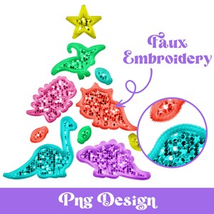 Árvore de Natal de dinossauro com bordado falso Png, Designs de sublimação, Clipart de Natal, Lantejoulas falsas, Natal infantil, Árvore de dinossauro, Colorido