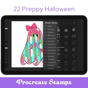 May include: A tablet screen displays a digital illustration of a ghost with a pink bow and teal and gold brushstrokes, with the text "22 Preppy Halloween." The Procreate brush library shows Halloween-themed stamps.