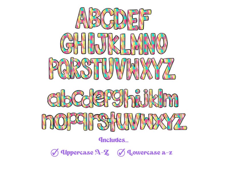 Op de afbeelding: Een kleurrijk alfabet lettertype met hoofdletters en kleine letters. De letters zijn zwart omlijnd en gevuld met een patroon van roze, geel, blauw en groen.