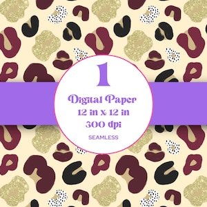 Könnte beinhalten: Ein digitales Papierdesign mit einem nahtlosen Muster aus abstrakten Formen in Braun-, Schwarz- und Weißtönen auf cremefarbenem Hintergrund. Das Muster enthält goldene Glitzerakzente. Der Text "1 Digital Paper 12 in x 12 in 300 dpi Seamless" wird auf einem lilafarbenen Banner angezeigt.