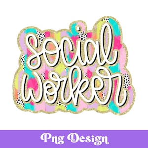Könnte beinhalten: Ein farbenfrohes abstraktes Design mit goldenen Glitzerakzenten zeigt den Text "Social Worker".