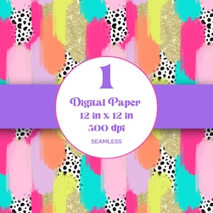 May include: A seamless digital paper pattern featuring bright, colorful brushstrokes in pink, yellow, green, blue, and orange. The background is a white and black animal print. The text on the image reads "Digital Paper 12 in x 12 in 300 dpi Seamless".