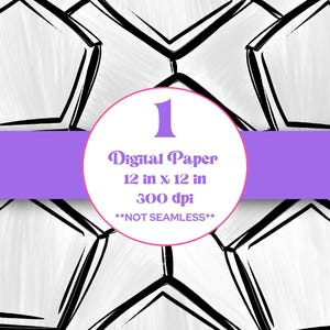 May include: Digital paper design featuring a repeating pattern of black outlined pentagons on a white background. A purple banner with white text reads "Digital Paper 12 in x 12 in 300 dpi **NOT SEAMLESS**".