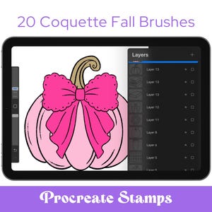 May include: A digital illustration on a tablet screen shows a pink pumpkin with a large pink bow and a brown stem. The text "20 Coquette Fall Brushes" and "Procreate Stamps" are displayed. The tablet's interface shows layers.