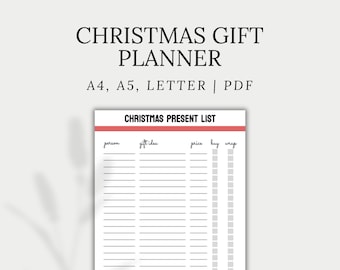 Christmas Gift Planner, Shopping List, Xmas Present Tracker, Gift Giving Planner | A4, A5, Letter | PDF