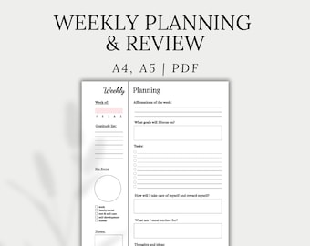 May include: A printable weekly planner and review template in black and white with a pink accent. The template includes sections for affirmations, gratitude, goals, tasks, self-care, and thoughts and ideas.