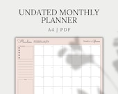 Monthly Planner, Printable & Undated Month at a Glance, Monthly Calendar Layout | A4, PDF