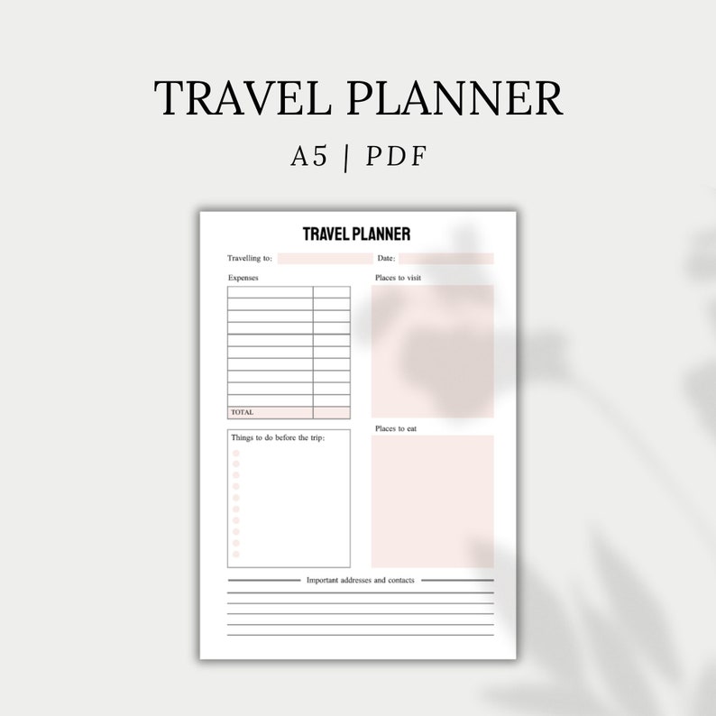 Travel Planner Kit, Printable Trip Planner, Packing Checklist, Vacation Planner A5, PDF image 1