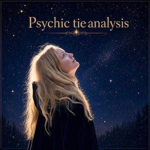 May include: A digital illustration featuring the text Psychic tie analysis in gold lettering. Below the text, a person with long blonde hair and a black hooded cloak looks upward toward a dark blue night sky filled with bright stars and a forest.