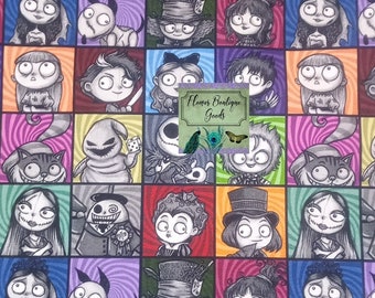 Tejido 100 % algodón / Tim Burton / Jack Skellington / Willie Wonka / Sombrerero Loco / Vaso / Máscara / Recortes de tela / 23 x 35 cm