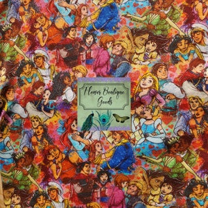 May include: A colorful, illustrated pattern featuring various Disney couples, including Aladdin and Jasmine, Ariel and Prince Eric, Belle and Beast, Cinderella and Prince Charming, and more. The background is a vibrant mix of pink, red, and orange with hearts scattered throughout.