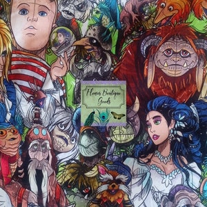 May include: A colorful illustration featuring characters from the movie Labyrinth. The artwork includes a variety of fantastical creatures and figures, with a central focus on a young boy and a woman in a white dress. The image has a hand-drawn style with vibrant colors.