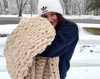 Handmade Chunky Knit Blanket | Tan, Neutral, Couch Throw | Soft, Thick and Cozy Knot Blanket | Home decor and Bedding