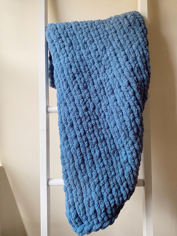 Blue Chunky Knit Throw Blanket Dark Blue Blanket Handmade Etsy