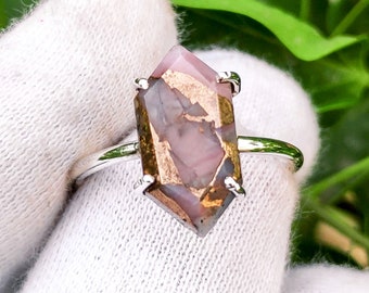 Ring For Love White Opal Ring,White Opal Copper Hexagon Gemstone Ring,18k Gold Plated Solitaire Ring 925 Sterling Silver Ring Prong Ring