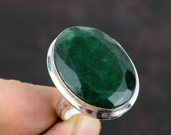 Anillo de esmeralda de Zambia facetada: ajustable, plata de ley 925