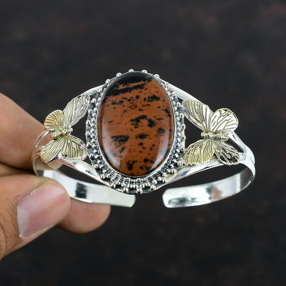 Bracelet Manchette En Argent 925 Avec Obsidienne - Fait Main En Inde, Réglable, Pierre Naturelle