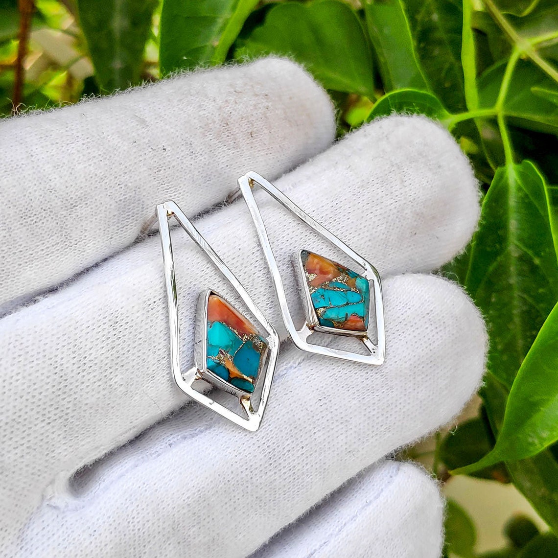 Spiny Oyster Copper Turquoise Earrings Drop Turquoise Silver Etsy