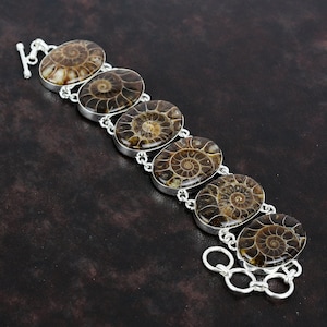 Bracciale fossile di ammonite Gioielli con pietre preziose naturali Bracciale in argento sterling 925 Gioielli fatti a mano Boho Bracciale a catena regolabile Regali per lei
