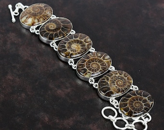 Ammonite Fossil Bracelet: Handmade 925 Sterling Silver Boho Jewelry