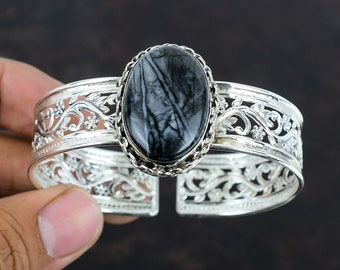 Handgemachter Armreif aus Picasso Jaspis: Anpassbares Sterling Silber Armband
