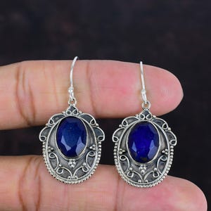 Faceted Blue Sapphire Earrings: Handmade 925 Sterling Silver Vintage Jewelry