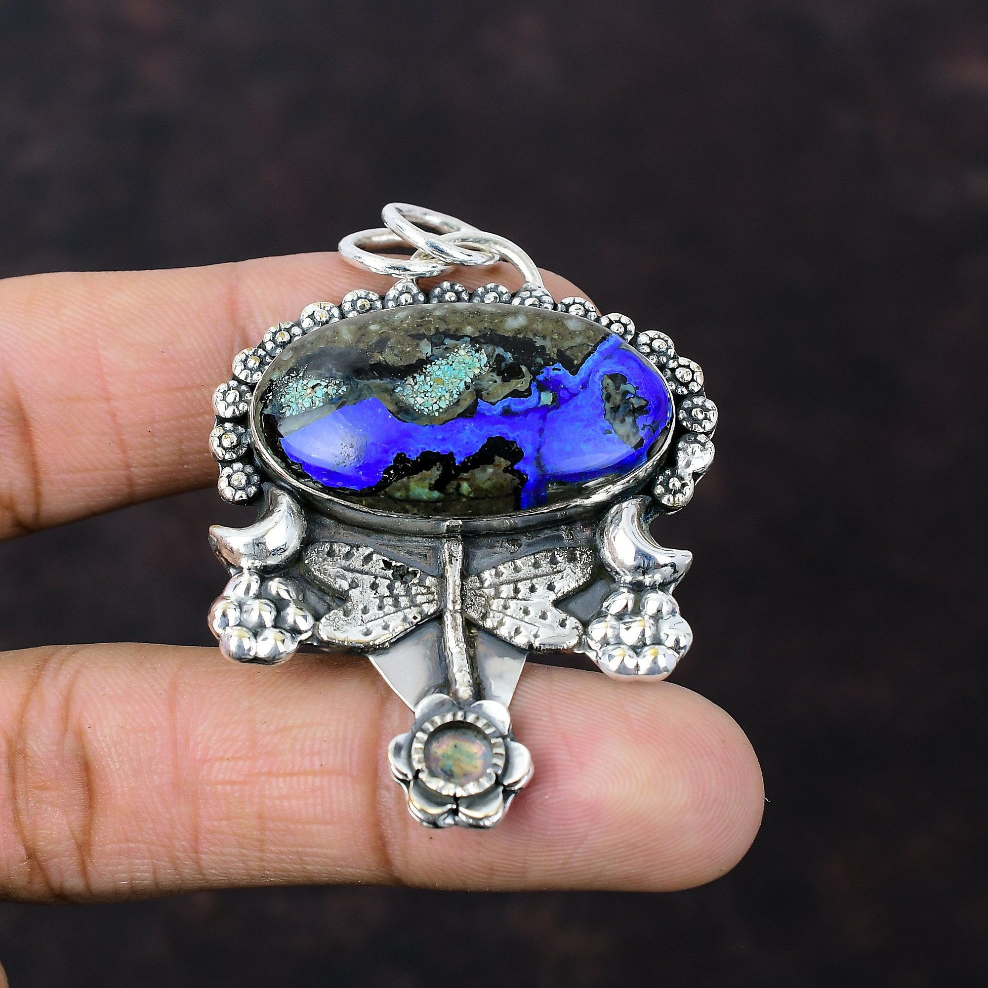 Azurite Malachite Dragonfly Pendant: Handmade Sterling Silver