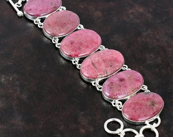 Pulsera de rodonita hecha a mano: cadena ajustable de plata de ley 925