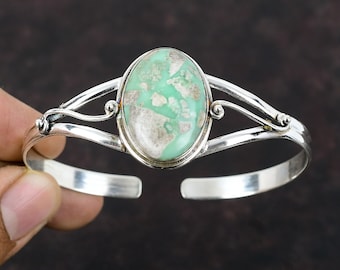 Variscite Gemstone Bangle: Handmade 925 Sterling Silver Adjustable Cuff