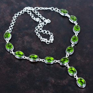 Faceted Peridot Necklace: Handmade 925 Sterling Silver, Adjustable Chain