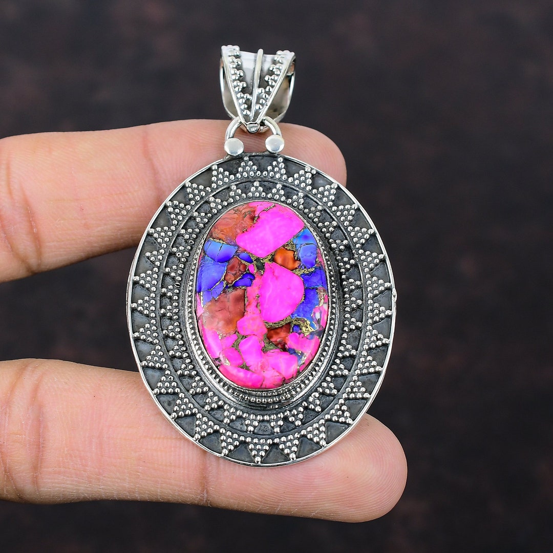 German Silver/Turquoise Pink Cactus Pendant
