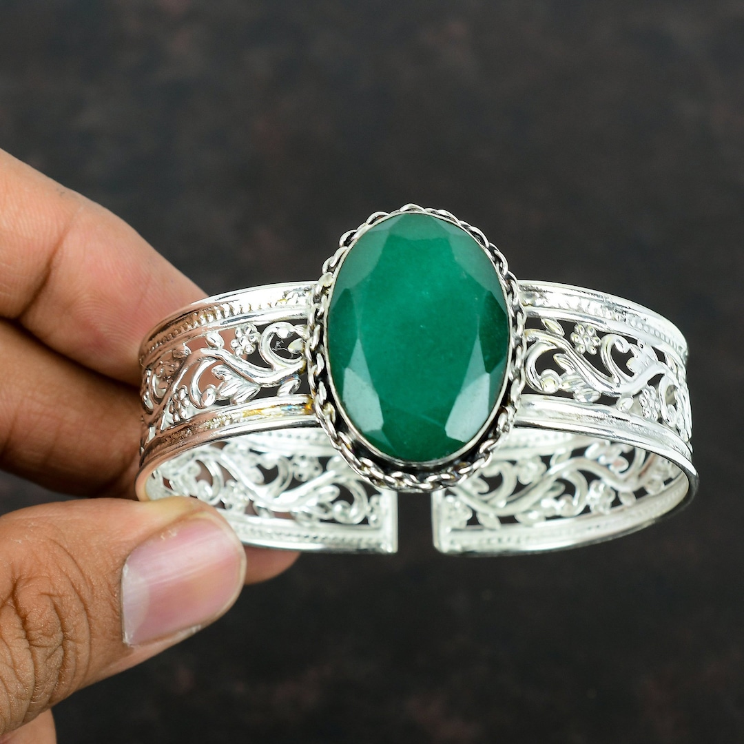 Faceted Zambian Emerald Cuff Bracelet Genuine Gemstone Bangle 925 ...