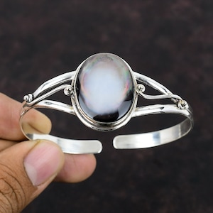 Perlmutt Armreif 925 Sterling Silber Manschette Armreif Echt Edelstein Einstellbar Armreif Handgemachte Manschette Armband Geschenk für Mama Einzigartiger Schmuck