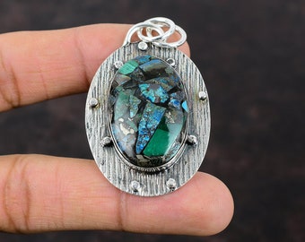 Copper Azurite Malachite Pendant: Handmade 925 Sterling Silver Gemstone Jewelry