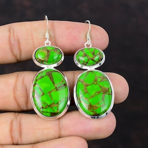 Handmade Copper Turquoise Earrings: 925 Sterling Silver Gemstone Jewelry