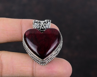 Red Fire Labradorite Heart Pendant: 925 Sterling Silver, Handmade